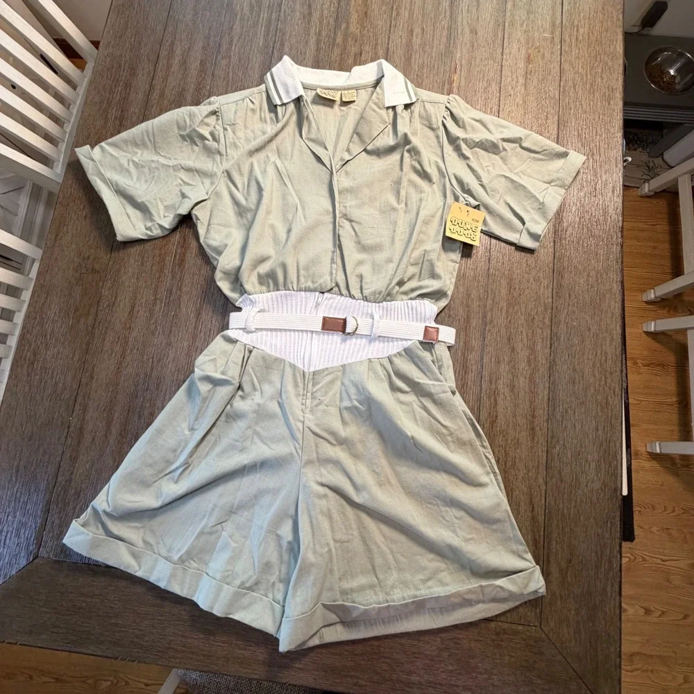 Vintage Dune Duds Sage Green Romper‎ Jumpsuit 80s Ribbed Waist Belted NWT Large